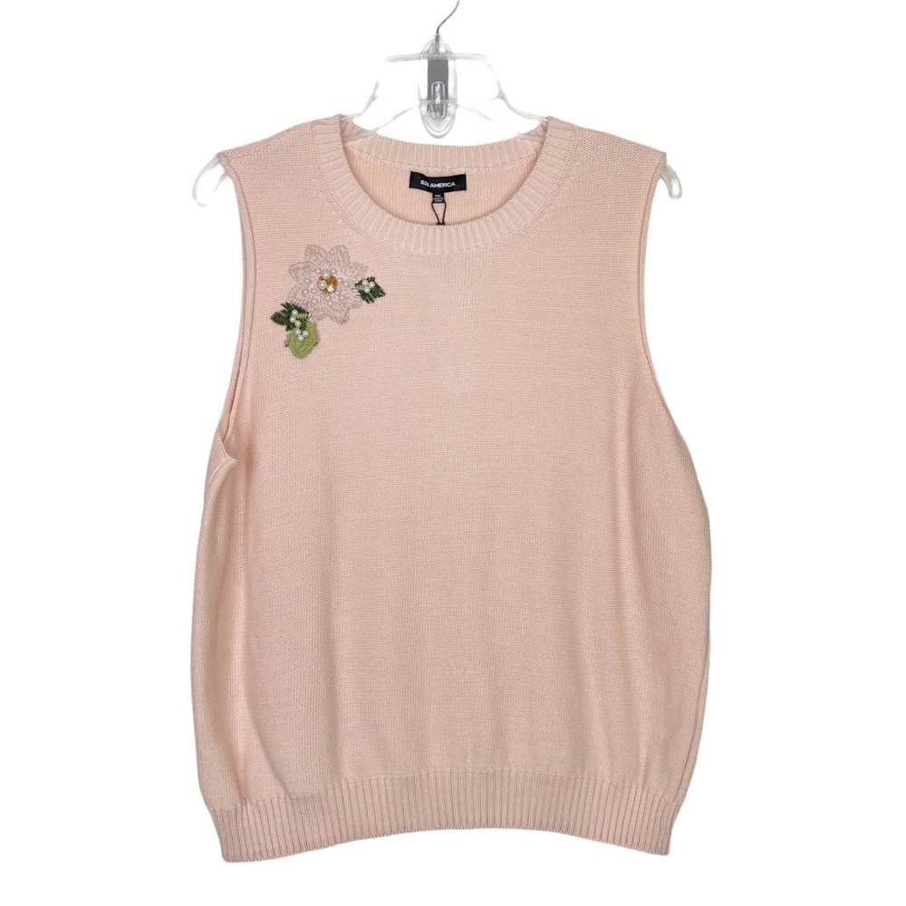 525 America Petite Cotton Blossom Floral-Applique Knit Sleeveless Top, PXL